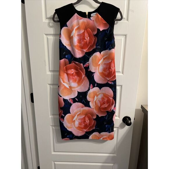 Calvin Klein Dress Womens 8‎ Midi Peach Watercolor Floral Sheath Scuba Zip Back - Picture 1 of 2